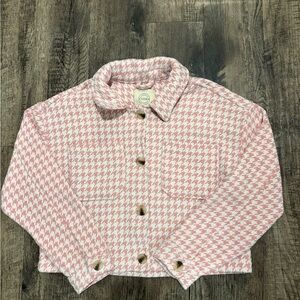 Stoosh Pink and White Houndstooth Cropped Jacket - Size Medium